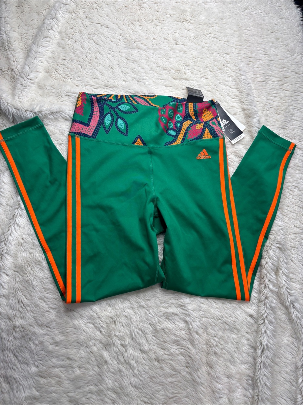 adidas Green Leggings with Orange Stripes and Patterned Waistband - Picture 2 of 4